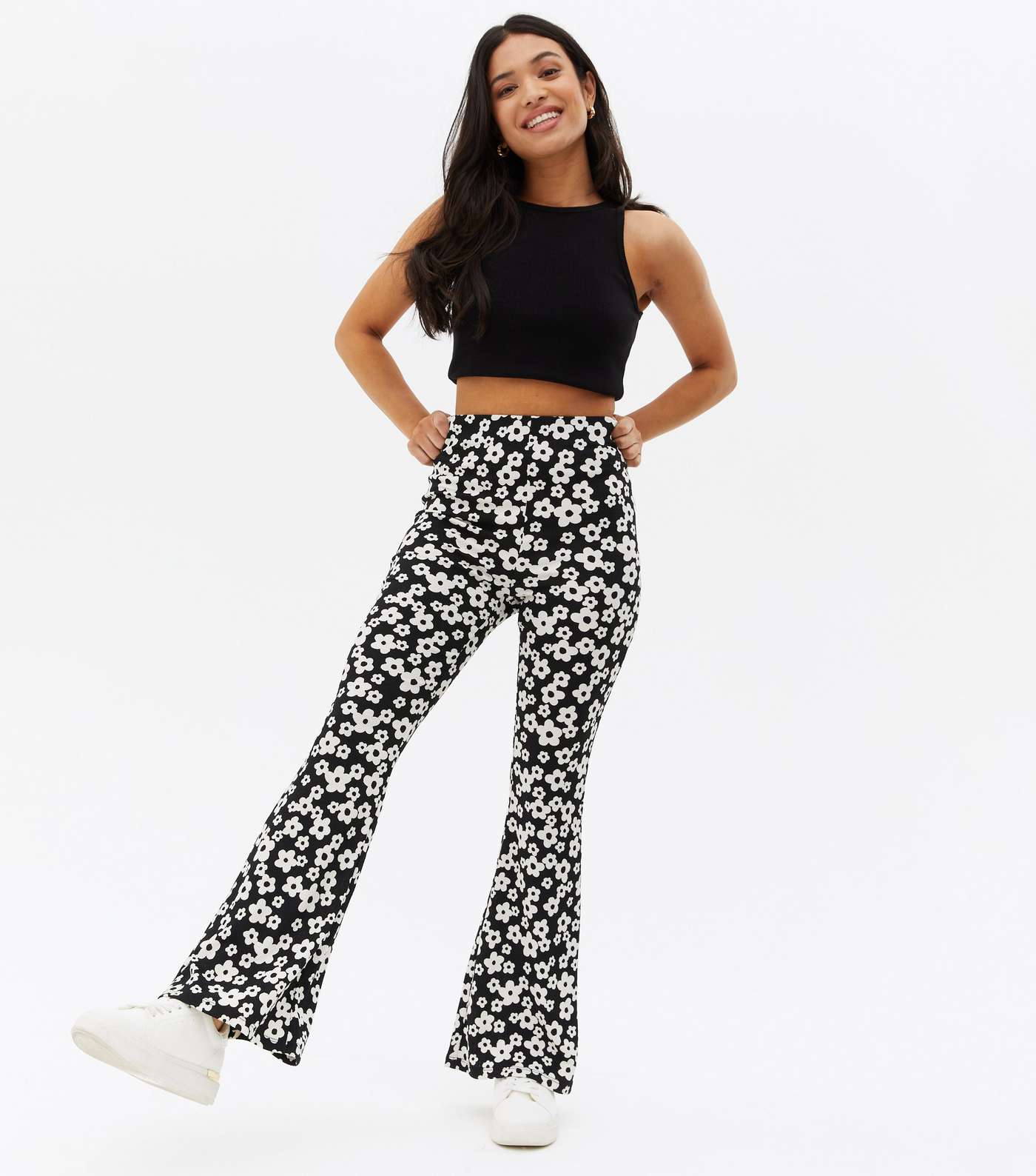Petite Black Floral Crinkle Jersey Flared Trousers