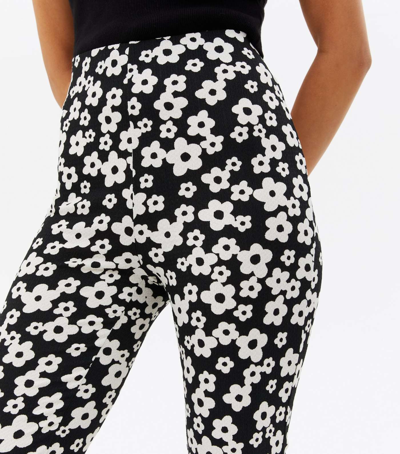 Petite Black Floral Crinkle Jersey Flared Trousers Image 3
