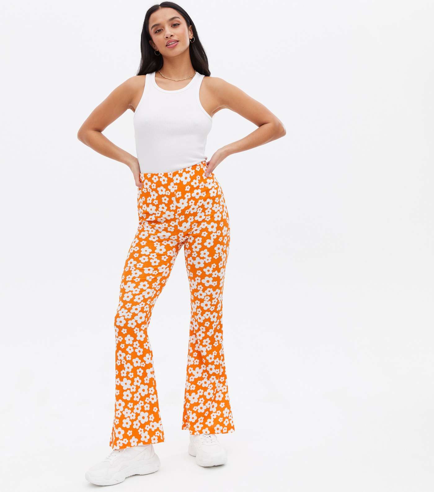 Petite Orange Floral Crinkle Jersey Flared Trousers