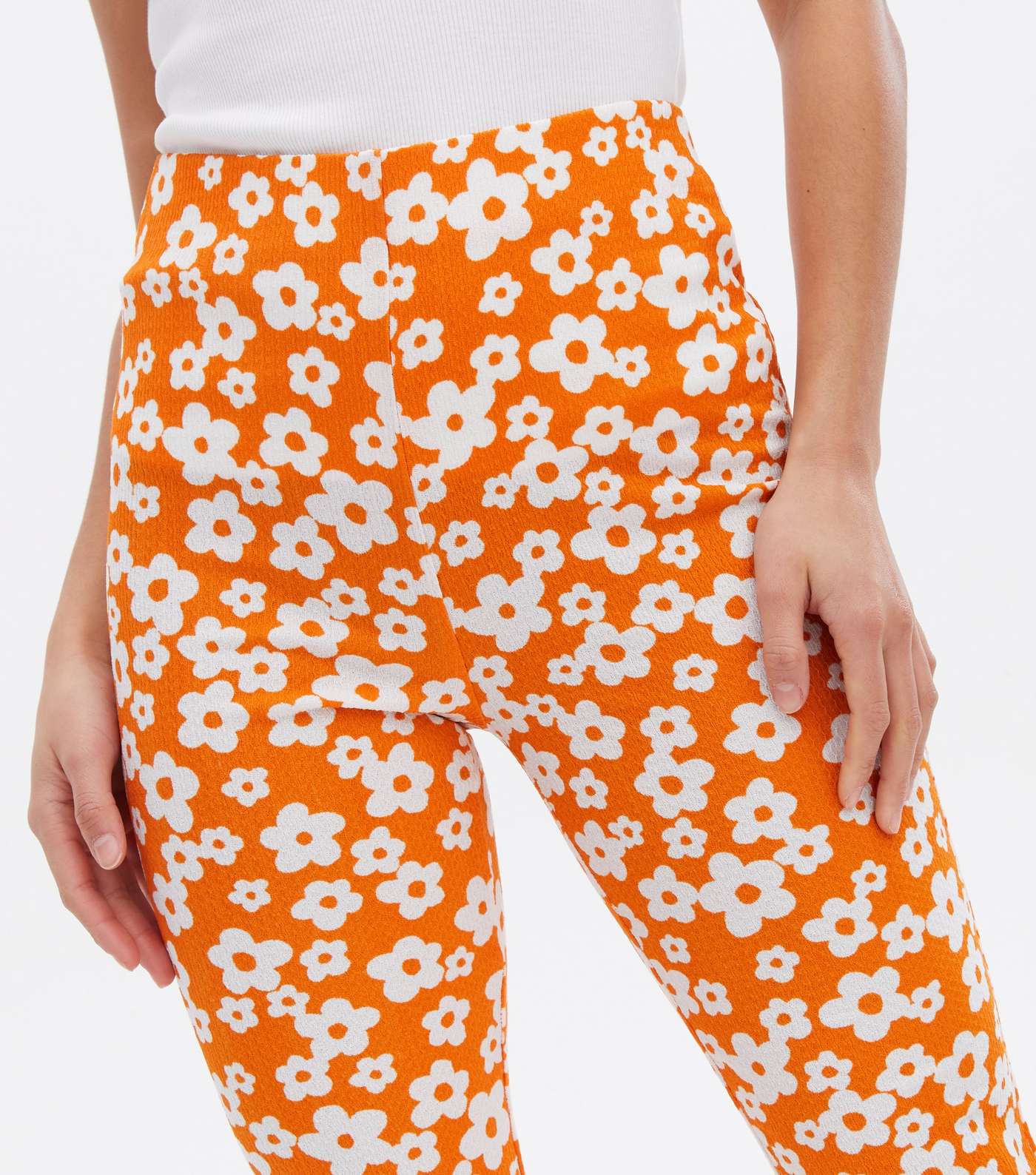 Petite Orange Floral Crinkle Jersey Flared Trousers Image 3