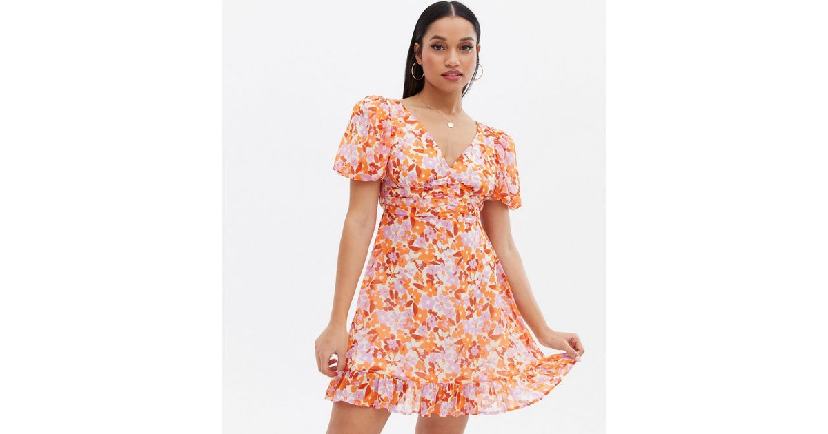 Petite Orange Floral Ruched Puff Sleeve Mini Dress New Look