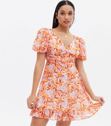 Petite Orange Floral Ruched Puff Sleeve Mini Dress | New Look