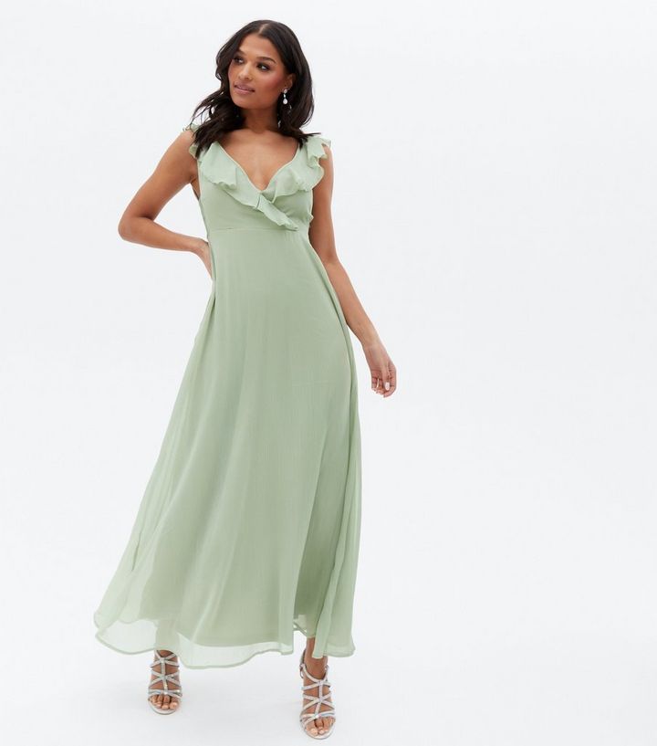 VILA Green Chiffon Ruffle Wrap Dress | New