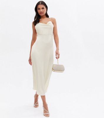 Vila Cream Satin Cowl Neck Strappy Midi Dress New Look