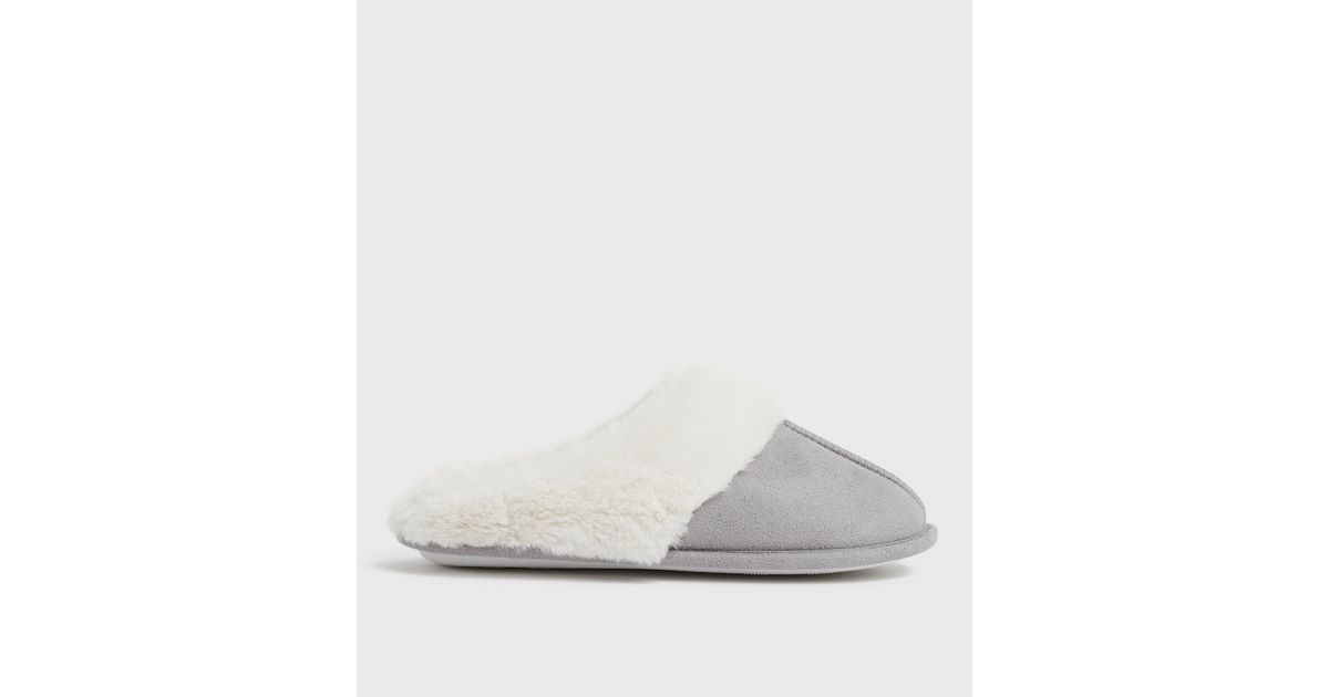 Grey Suedette Faux Fur Lined Mule Slippers | New Look