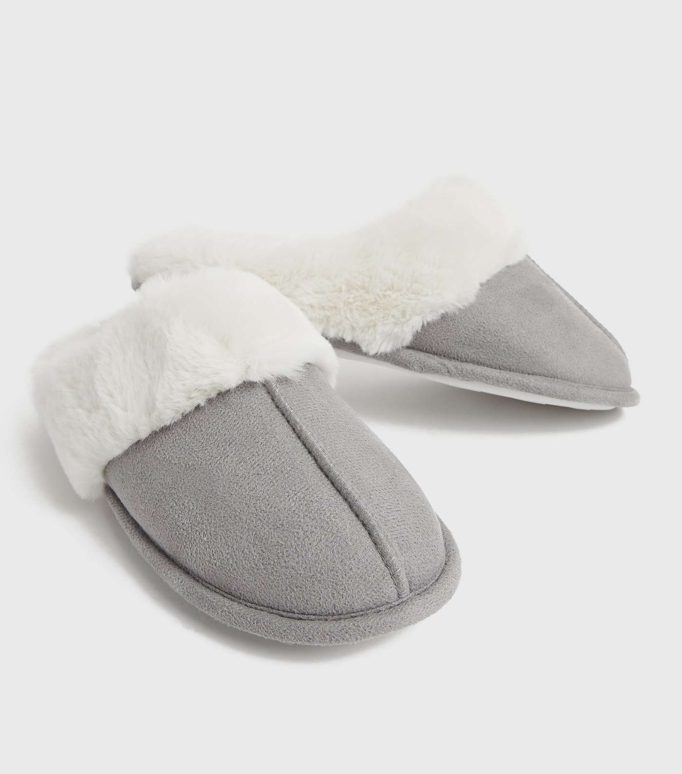 Grey Suedette Faux Fur Lined Mule Slippers Image 3