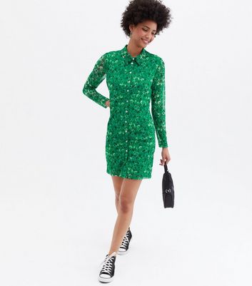 Green Floral Mesh Mini Shirt Dress 