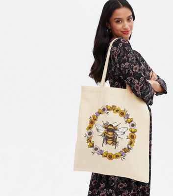 shop for Cream Floral Bee Canvas Tote Bag New Look at Shopo