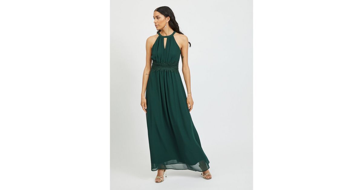 Vila Dark Green Chiffon Lace Trim Maxi Halter Dress New Look 