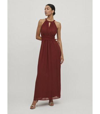 VILA Dark Red Chiffon Lace Trim Maxi Halter Dress New Look