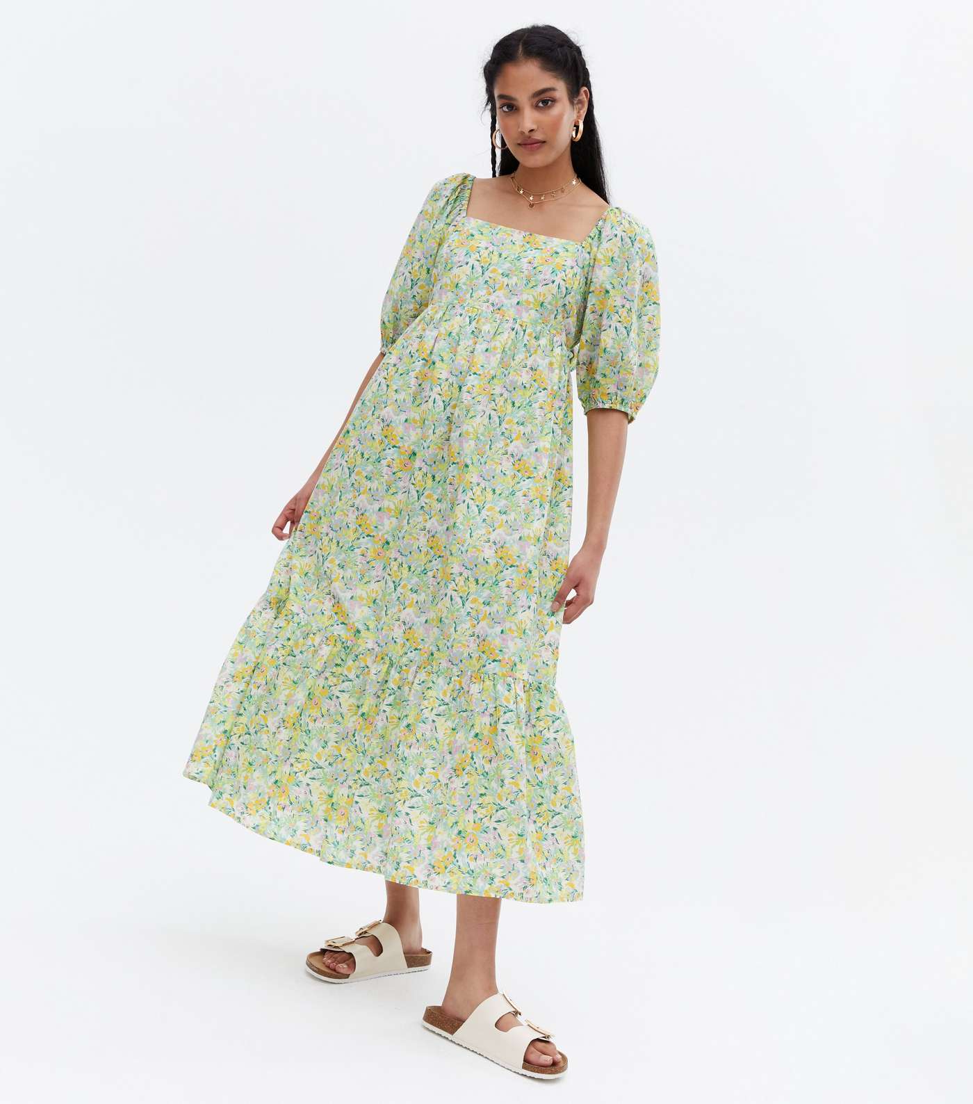 Yellow Floral Square Neck Tiered Midi Dress Image 3