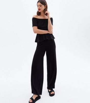 Black Ribbed Bardot Peplum Top New Look