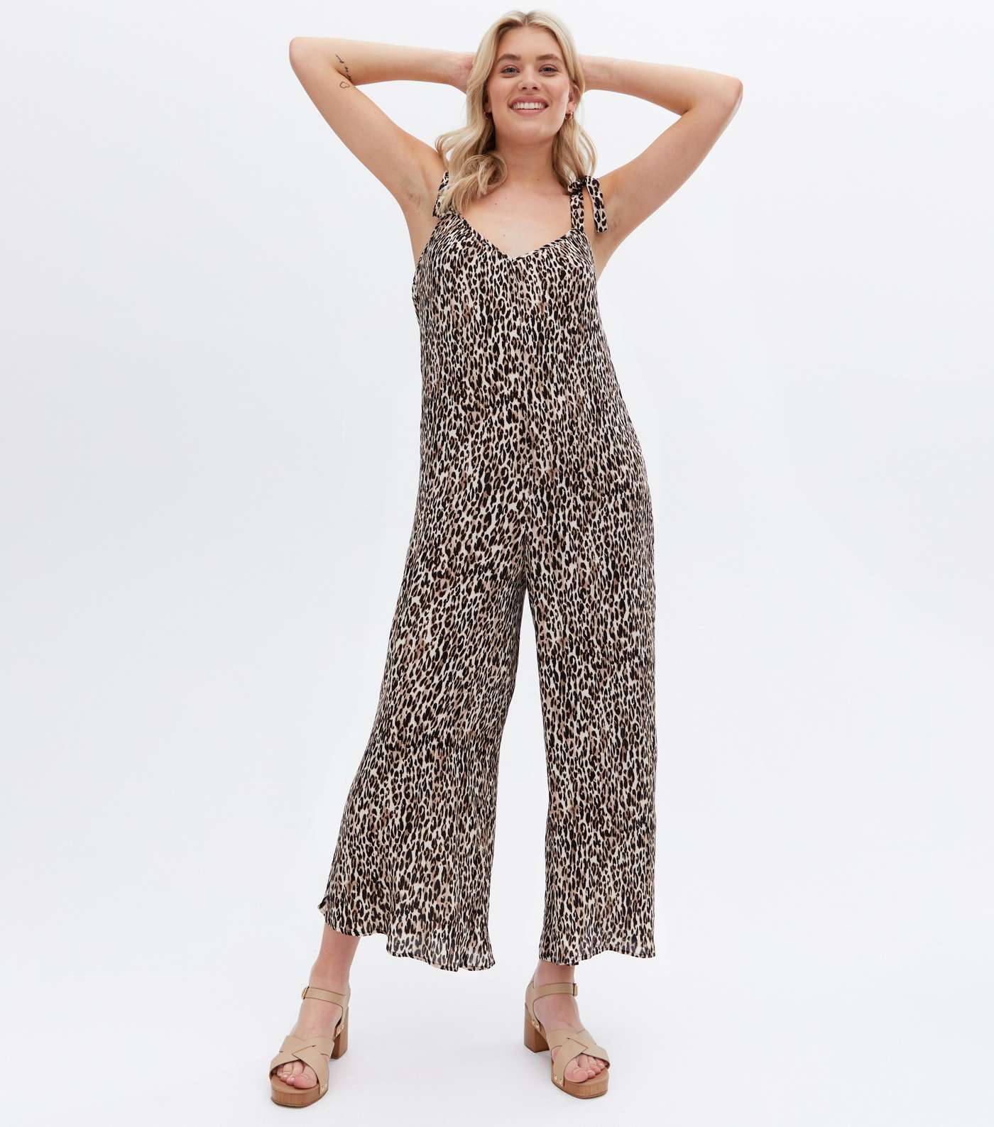 Tall Brown Leopard Print Tie Strap Oversized Jumpsuit Image 2