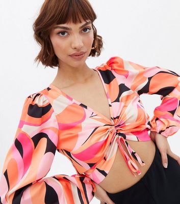Click to view product details and reviews for Pink Swirl Satin Ruched Crop Top New Look.