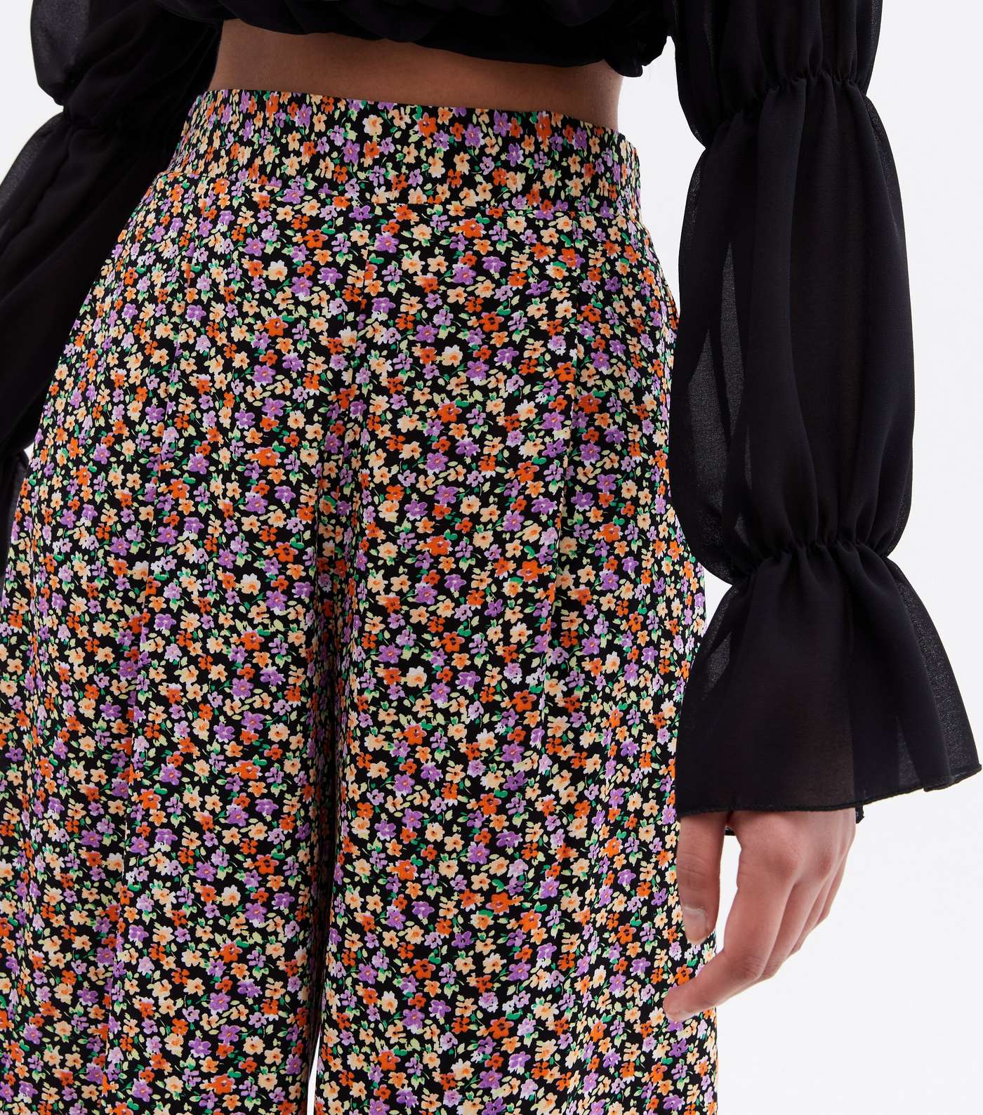 Black Ditsy Floral Wide Leg Crop Trousers Image 2