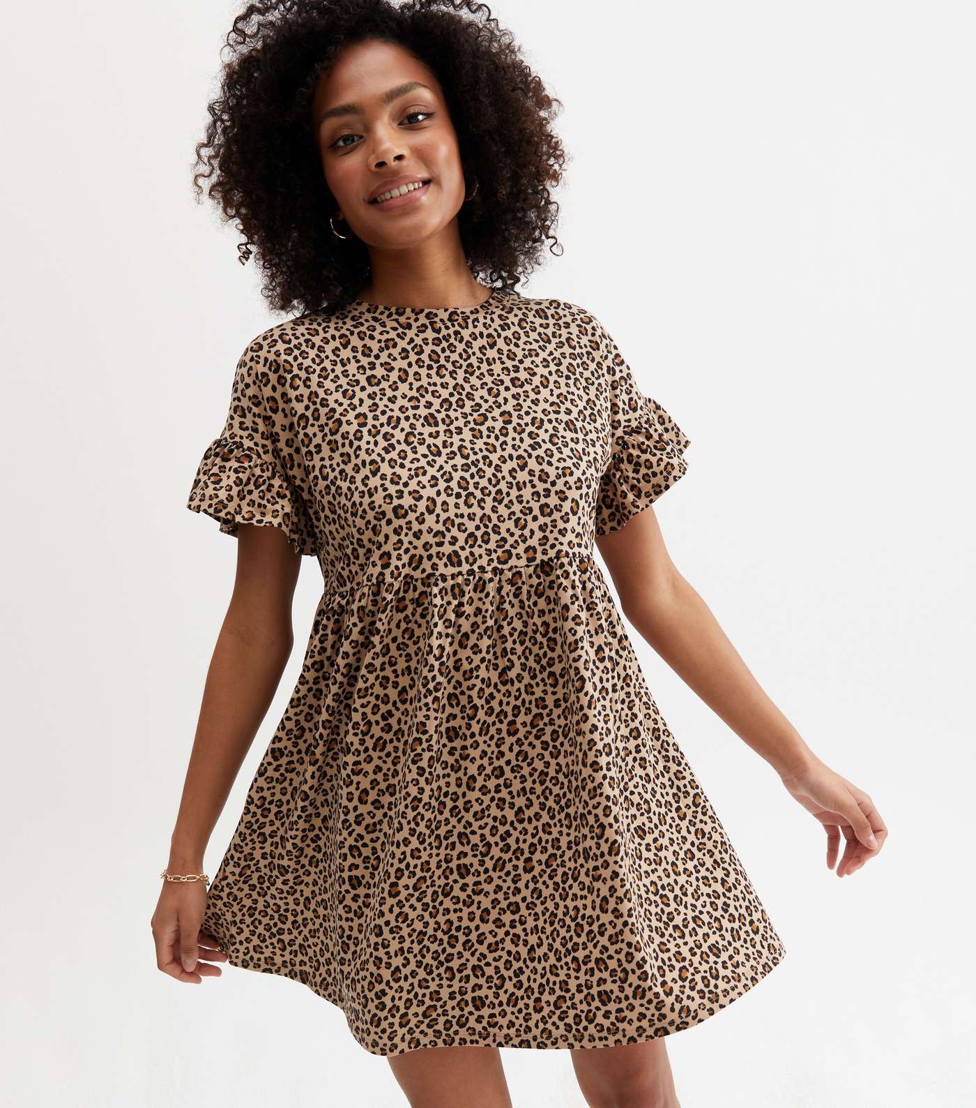 Brown Leopard Print Frill Mini Smock Dress