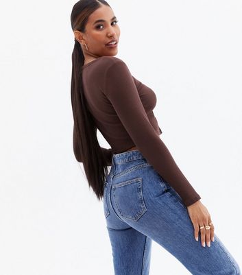 Click to view product details and reviews for Dark Brown Ribbed Button Scoop Neck Crop Cardigan New Look.