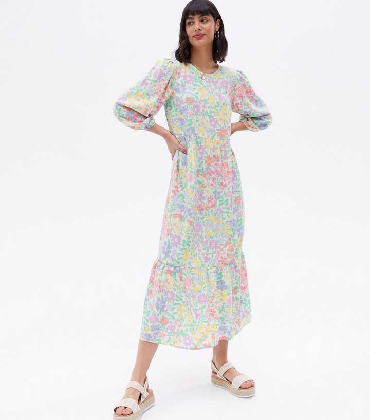 White Floral 3/4 Puff Sleeve Midi Smock Dress New Look