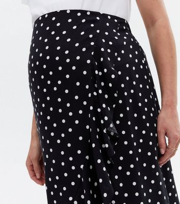 Maternity Black Polka Dot Ruffle Midi Wrap Skirt New Look