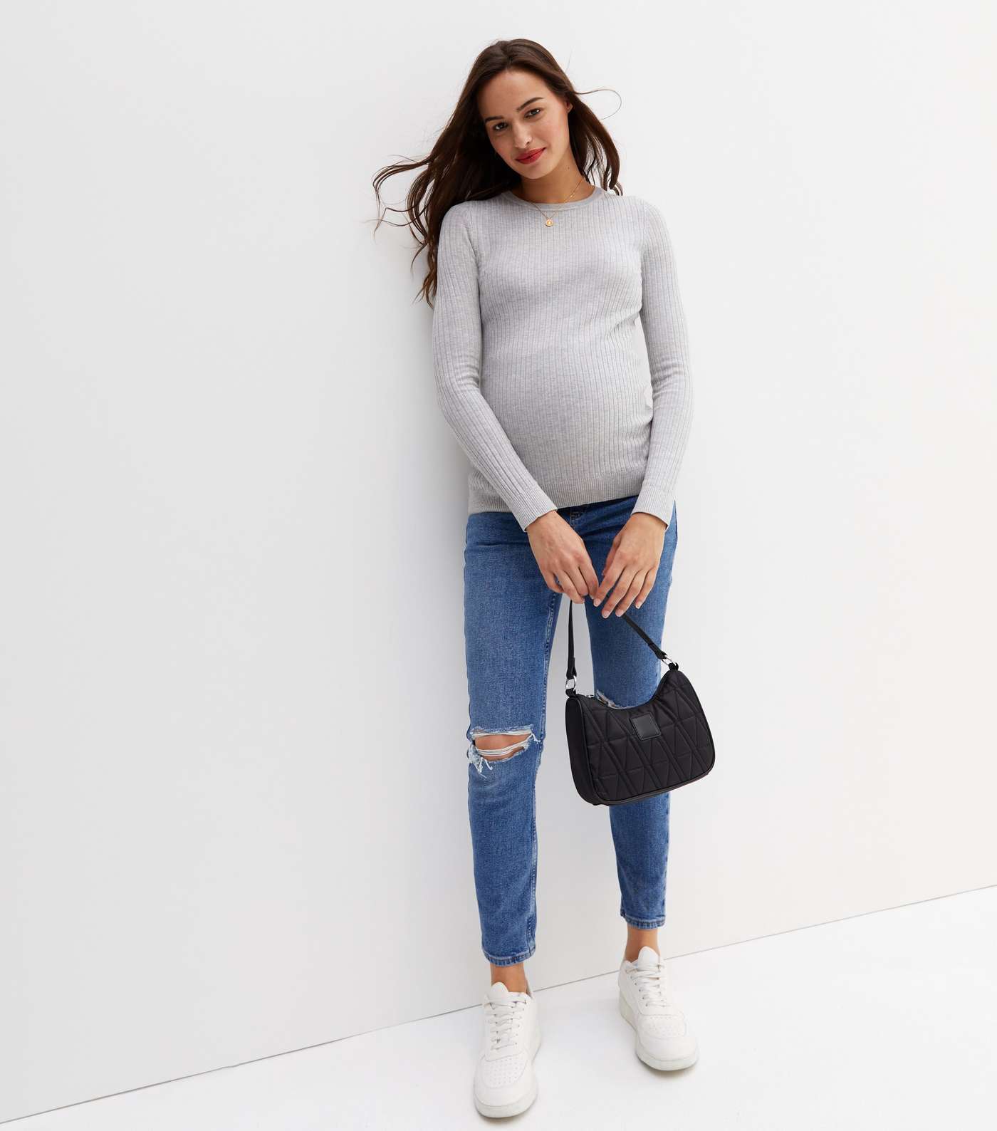 Maternity Pale Grey Ribbed Crew Neck Jumper Image 2