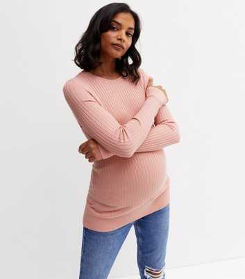 Maternity Mid Pink Ribbed Crew Neck Jumper