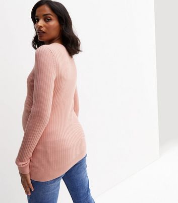 Maternity Mid Pink Ribbed Crew Neck 