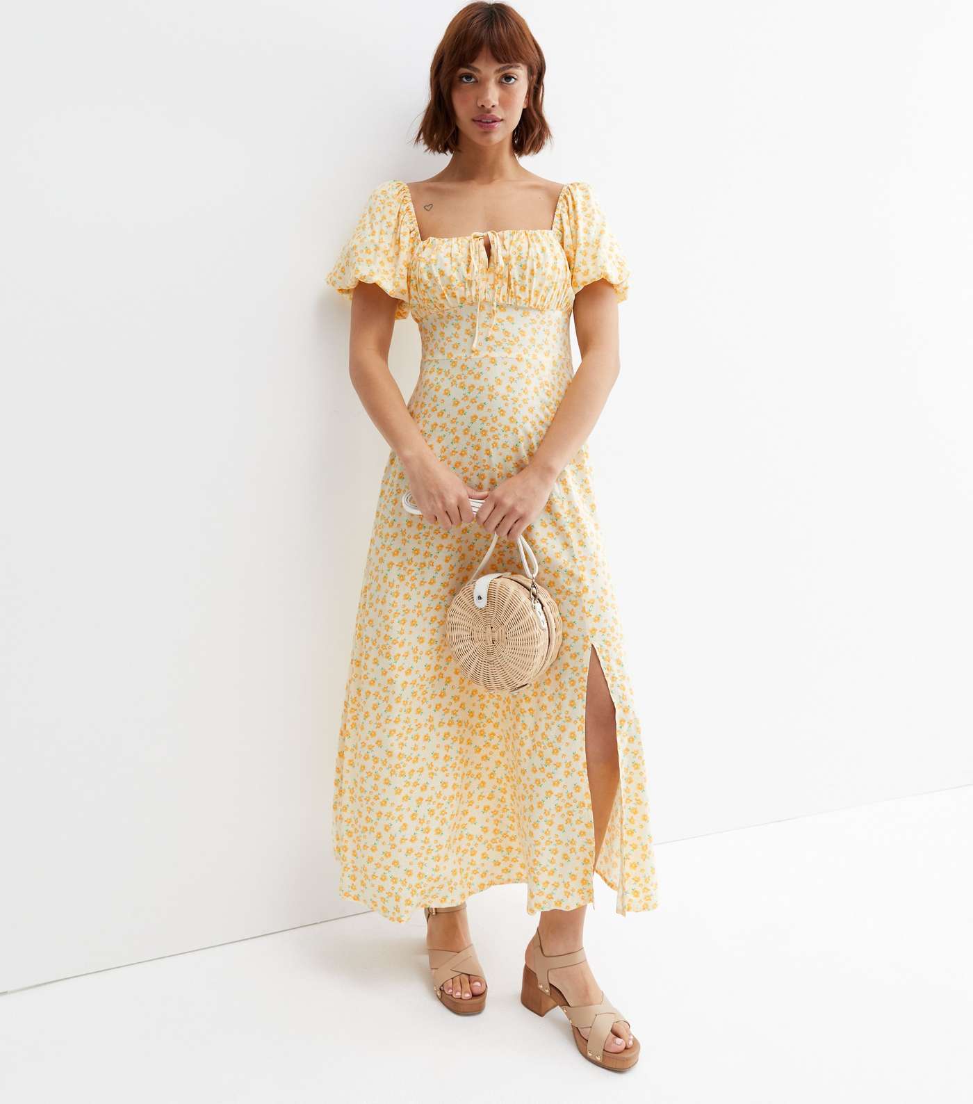 Yellow Ditsy Floral Puff Sleeve Midi Dress Image 2