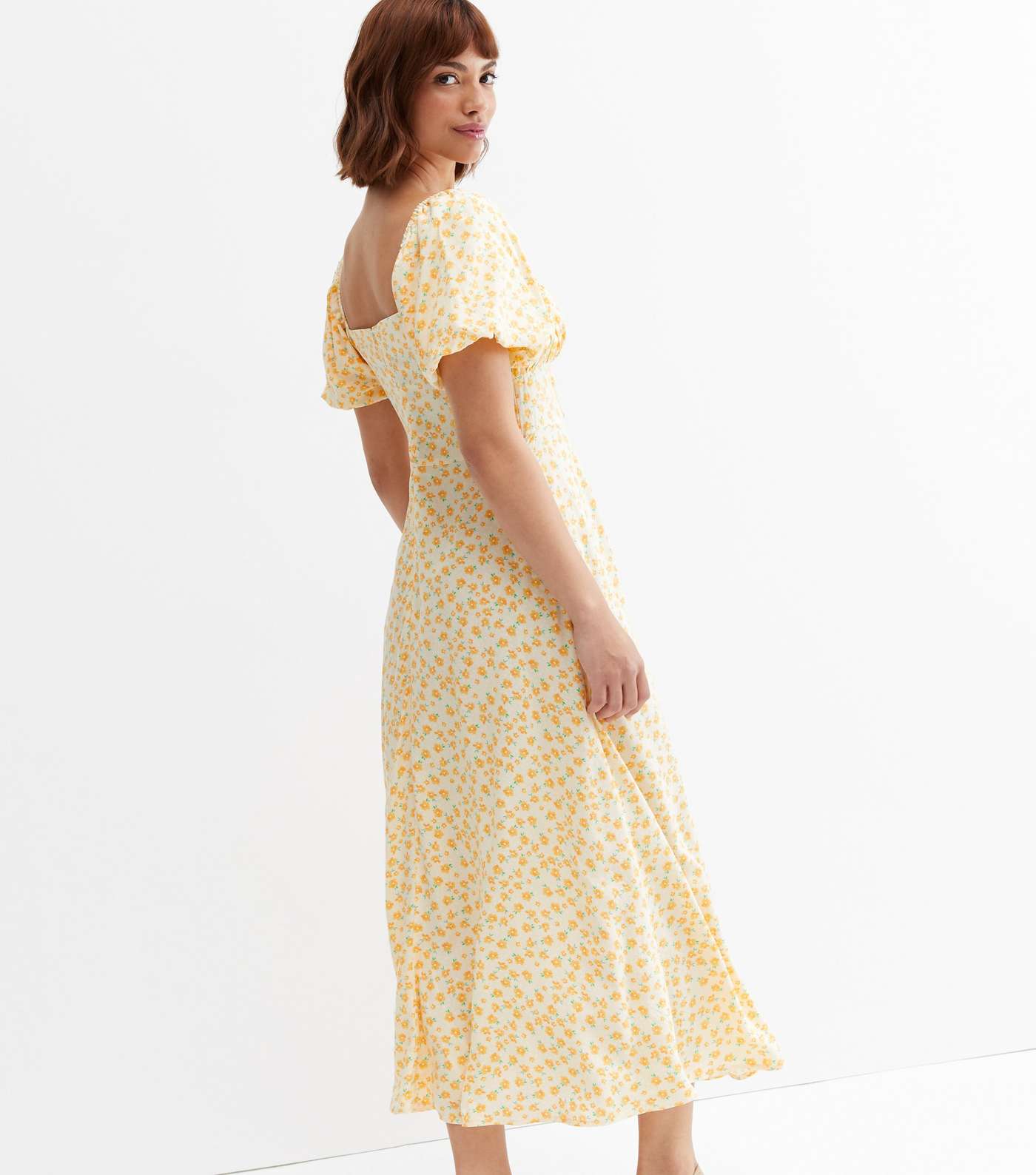 Yellow Ditsy Floral Puff Sleeve Midi Dress Image 4