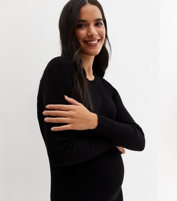 Maternity Black Ribbed Fine Knit Long Sleeve Midi Dress New Look