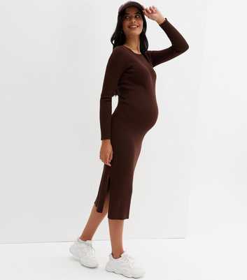 Maternity Dark Brown Ribbed Fine Knit Long Sleeve Midi Dress