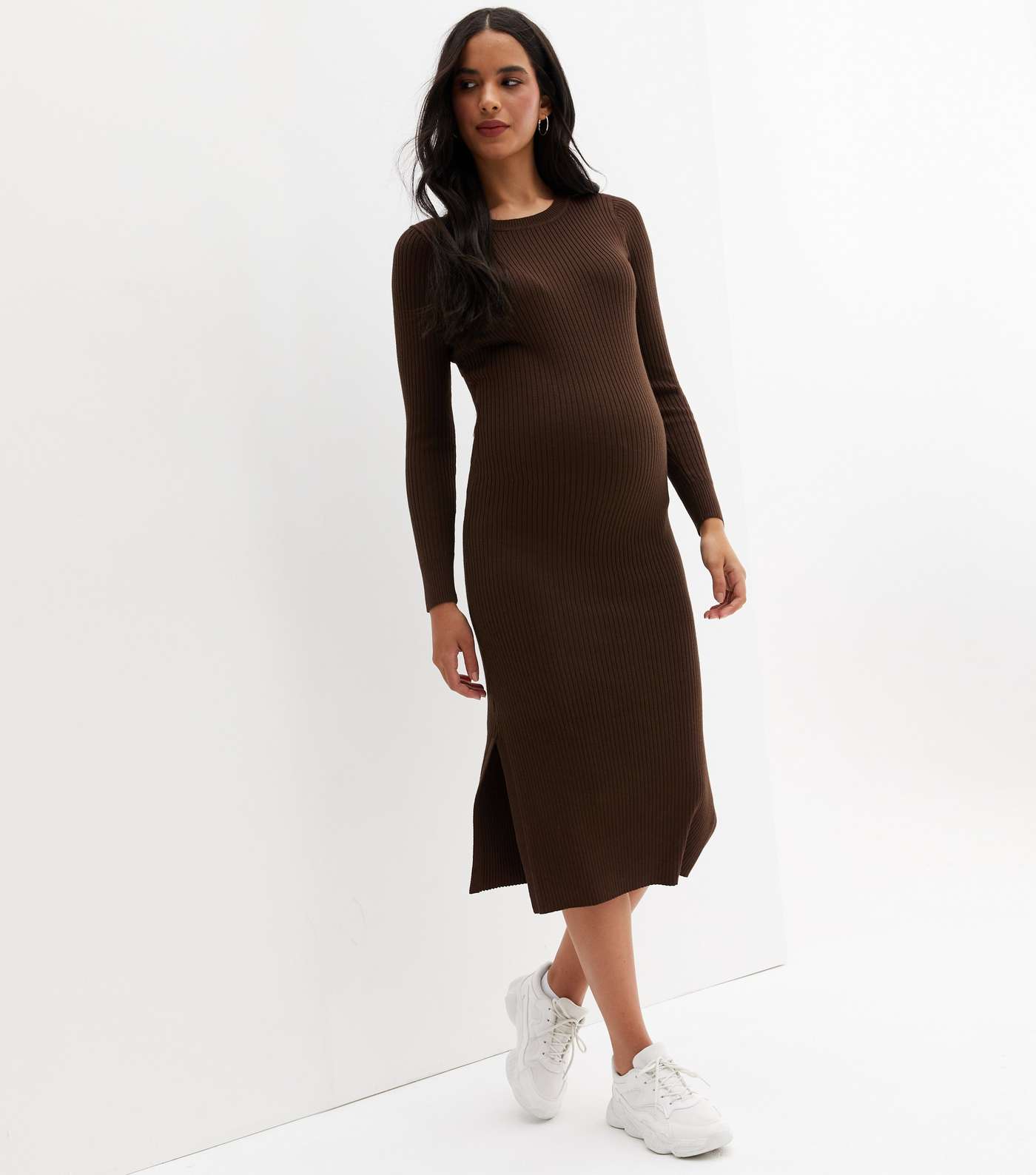 Maternity Dark Brown Ribbed Fine Knit Long Sleeve Midi Dress Image 3