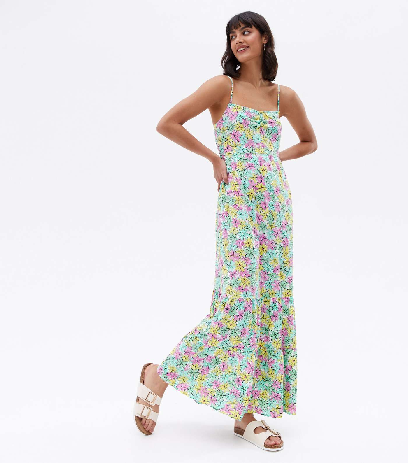 Blue Floral Strappy Tiered Maxi Dress