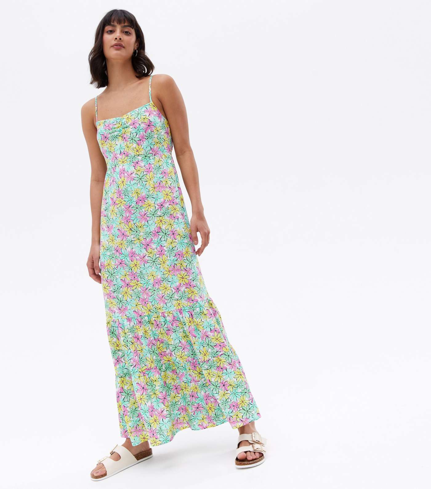 Blue Floral Strappy Tiered Maxi Dress Image 3