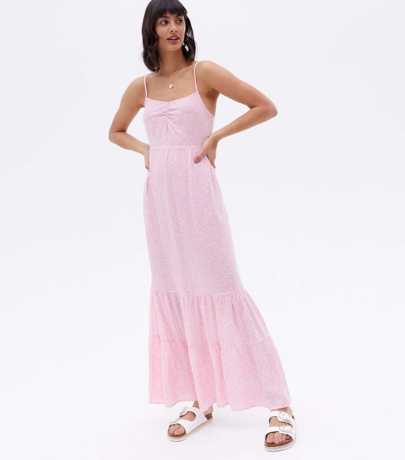 Pink Floral Strappy Tiered Maxi Dress Image 2