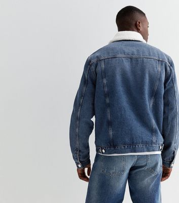 Men's Blue Denim Borg Collared Jacket New Look