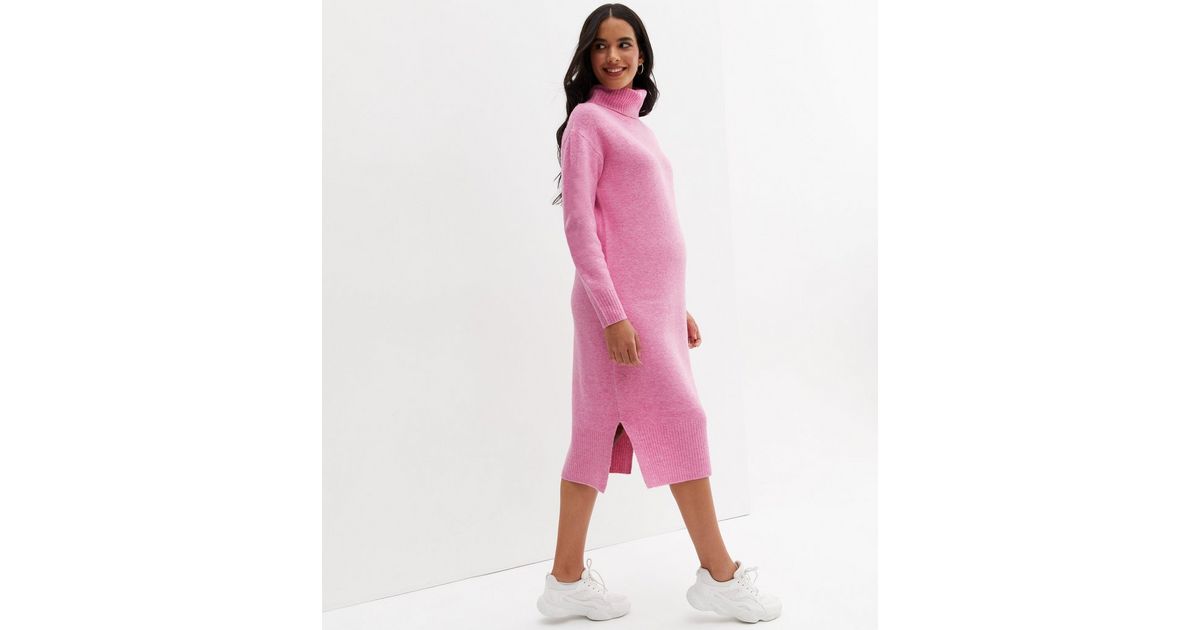 Maternity Bright Pink Knit Roll Neck Midi Dress New Look