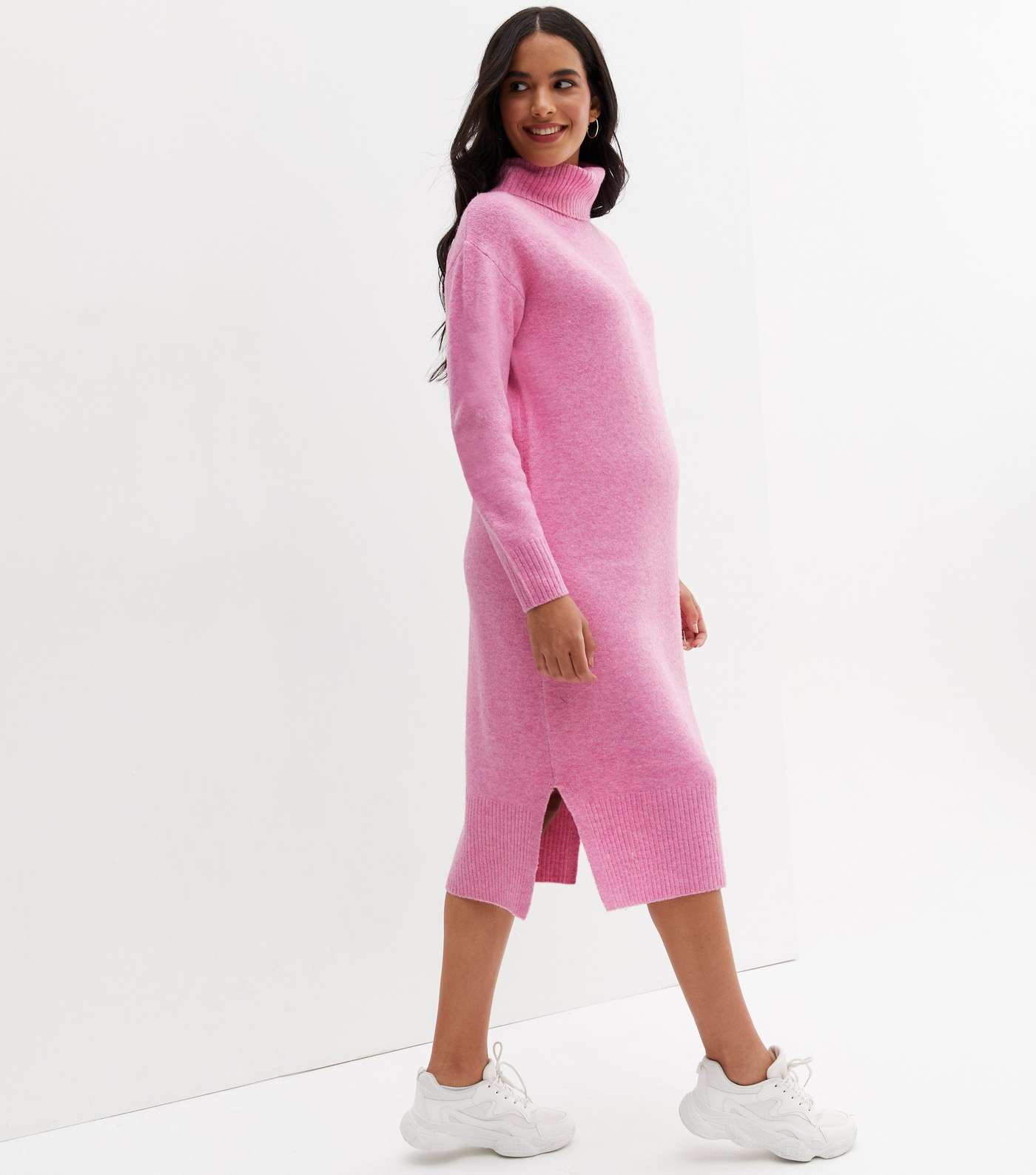 Maternity Bright Pink Knit Roll Neck Midi Dress