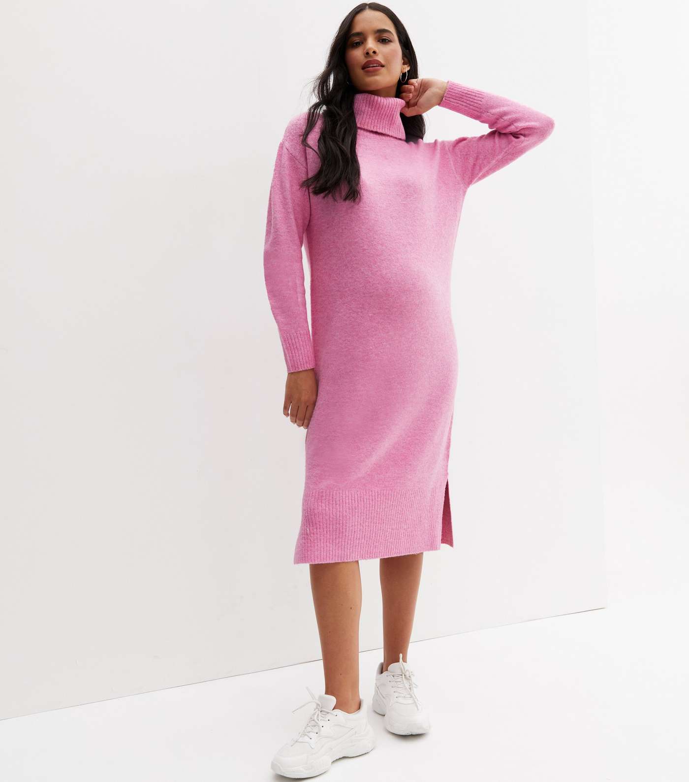 Maternity Bright Pink Knit Roll Neck Midi Dress Image 3