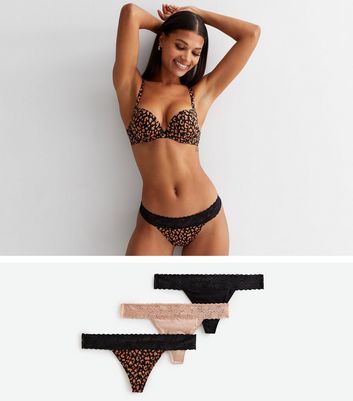 3 Pack Black Brown and Leopard Print Lace Trim Thongs