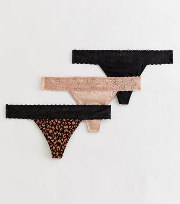 3 Pack Black Brown and Leopard Print Lace Trim Thongs New Look