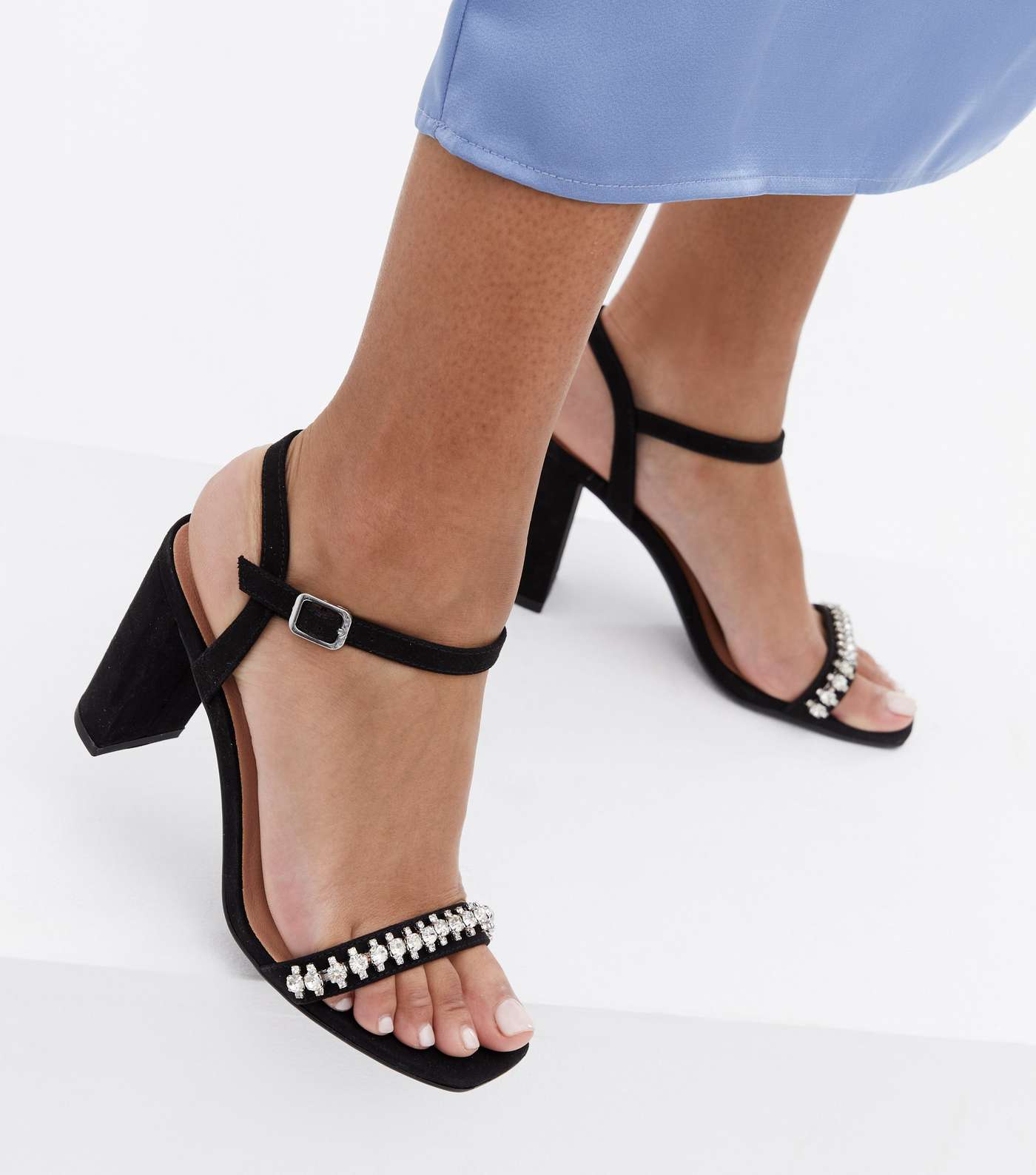 Black Suedette Gem Embellished Block Heel Sandals Image 2