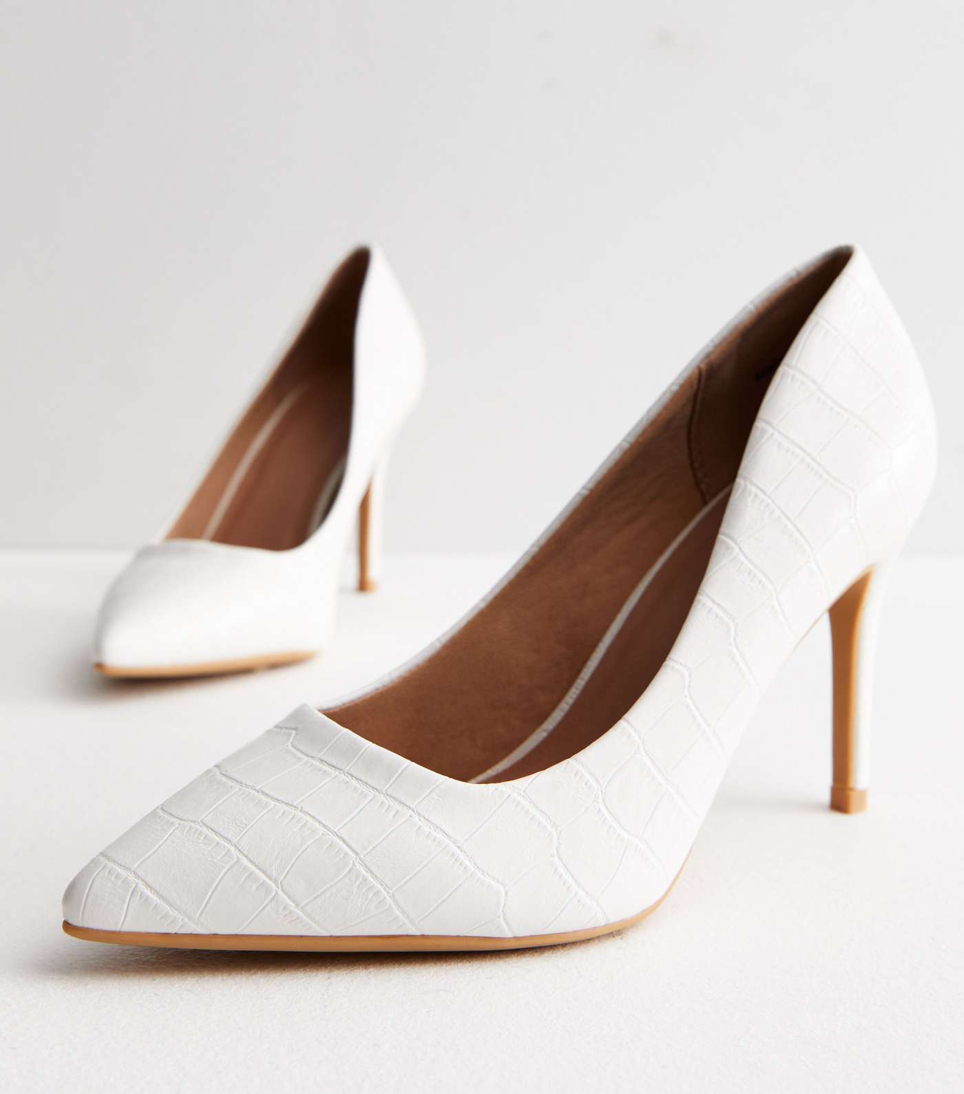 White Faux Croc Stiletto Heel Court Shoes Image 4