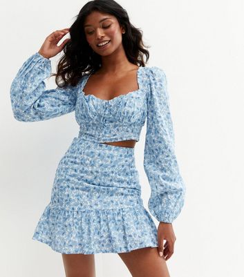 Blue Floral Ruched Bustier Crop Blouse 