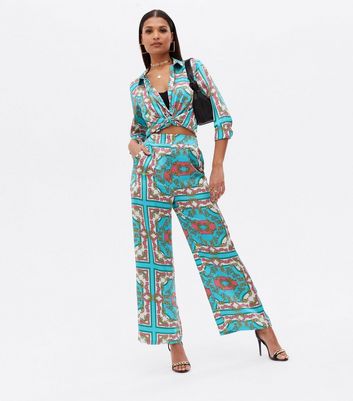Click to view product details and reviews for Blue Scarf Print Satin Wide Leg Trousers New Look.