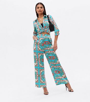 Green Scarf Print Wide Leg Trousers  New Look
