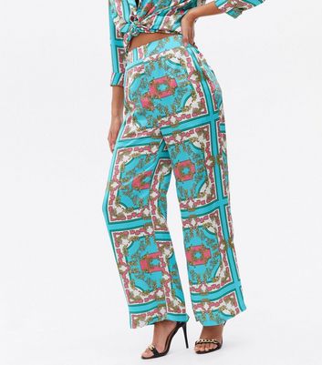 Blue Scarf Print Satin Wide Leg 
