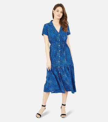 Yumi Bright Blue Leopard Print Tie Midi Shirt Dress