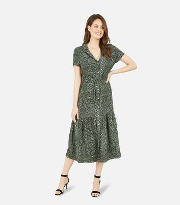 Yumi Green Leopard Print Tiered Midi 