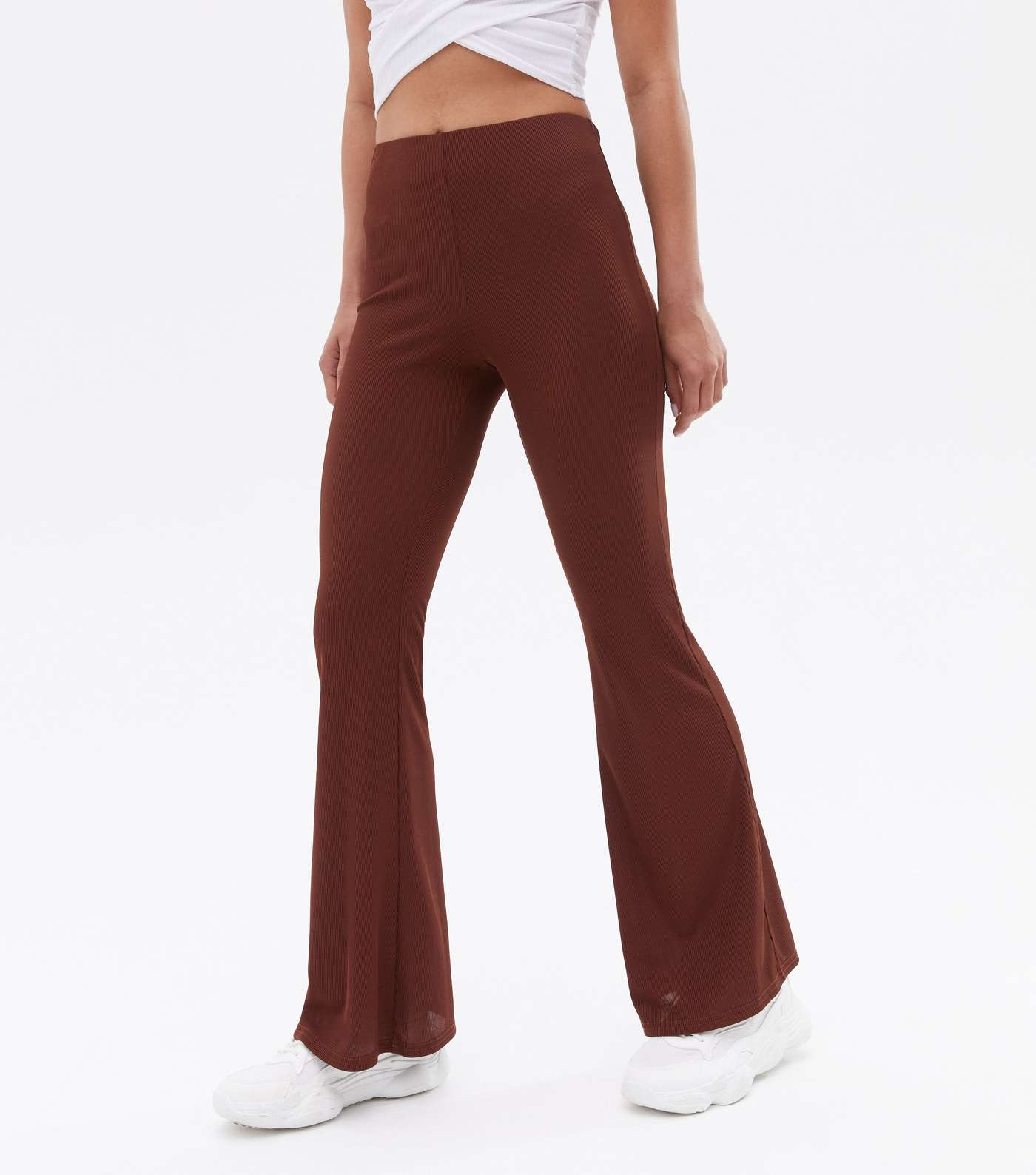 Dark Brown Ribbed Jersey High Waist Flared Trousers Image 2