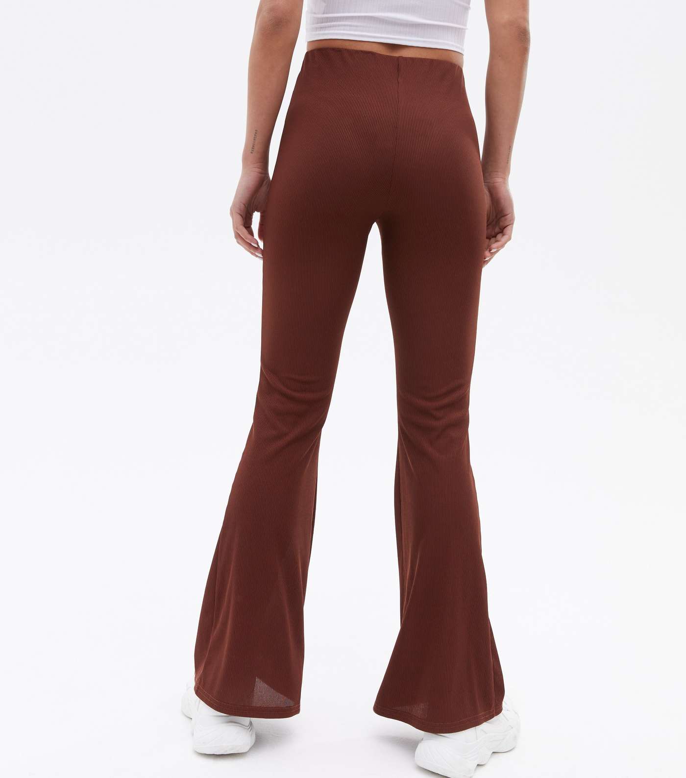 Dark Brown Ribbed Jersey High Waist Flared Trousers Image 4